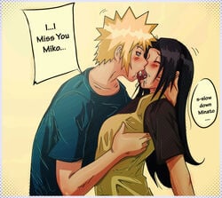 1boy 1boy1girl 1girls apron before_sex black_hair blonde_hair blue_eyes blush breast_grab closed_eyes clothing english_text female indrockz indy_riquez kissing long_hair male milf mother namikaze_minato naruto naruto_(series) naruto_shippuden shirt speech_bubble spiked_hair talking text tongue tongue_kiss tongue_out uchiha_mikoto