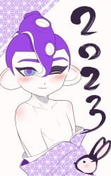 1boy 2023 blue_eyes blush blushing digital_drawing_(artwork) digital_media_(artwork) exposed exposed_chest happy_new_year inkrinkr kimono kimono_down looking_at_viewer male male_focus male_only octoling octoling_boy purple_hair shoulders splatoon splatoon_3 wink winking_at_viewer