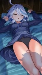 1boy 1girls aether_(genshin_impact) bare_thighs black_panties blue_hair breasts closed_eyes dress furina_(genshin_impact) genshin_impact lying nail_polish on_bed panties shadow sleeping small_breasts thighs underwear you_gonna_get_raped