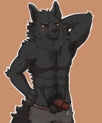 anthro balls black_body black_fur blush bodily_fluids body_hair canid canine canis chest_hair clothing dripping fur genital_fluids genitals glans hi_res male mammal pecs penis pose precum precum_drip pubes shov_16 smile solo underwear wolf