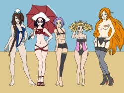 5girls artist_request beach big_breasts bikini black_hair blonde_hair blue_eyes brown_hair female_only göll_(shuumatsu_no_valkyrie) green_eyes history_lemmon hlokk_(shuumatsu_no_valkyrie) hrist_(shuumatsu_no_valkyrie) medium_breasts multiple_girls orange_hair purple_eyes purple_hair randgriz_(shuumatsu_no_valkyrie) record_of_ragnarok red_eyes reginleif_(snv) shuumatsu_no_valkyrie simple_background simple_coloring sisters small_breasts thick_thighs thighhighs