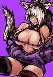 2021 big_breasts bikini blush breasts cat_ears color commission final_fantasy final_fantasy_xiv fur hands_in_pockets legwear lemudesu looking_at_viewer miqo'te original_character pinup purple_background purple_clothing purple_eyes shiny_skin simple_background solo solo_female solo_focus tagme tail tongue tongue_out white_fur white_hair