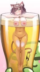 absurdres against_glass ahoge alcohol animal_ear_fluff animal_ears barefoot beer breast_press breasts breasts_on_glass brown_hair cat_ears cat_tail closed_mouth commission completely_nude cup female froth green_eyes grey_hairband hair_ornament hairband highres in_container in_cup indie_virtual_youtuber jewelry miori_celesta mole mole_on_thigh mooon_(pixiv_41805161) musical_note musical_note_hair_ornament navel necklace nipples nude pussy signature solo star_(symbol) star_in_eye symbol_in_eye tail thigh_gap unworn_bikini_bottom virtual_youtuber