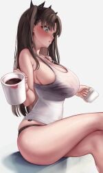 :o absurdres alternate_breast_size black_bra black_panties blue_eyes blush bra bra_visible_through_clothes breast_expansion breasts brown_hair cleavage coffee_mug collarbone crossed_legs cup dual_wielding ed_granger fate/stay_night fate_(series) female from_side highres holding holding_cup huge_breasts lipstick_mark looking_down mug open_mouth panties see-through_clothes see-through_shirt sequence shirt simple_background sitting solo strap_gap sweat tank_top thighs tohsaka_rin two_side_up underwear white_background white_tank_top