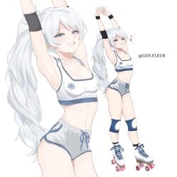 1girls blue_eyes breasts female genfleur0108 gym_clothes gym_shorts long_hair long_hair_female roller_skates rwby scar_across_eye small_breasts solo_female weiss_schnee white_hair white_hair_female