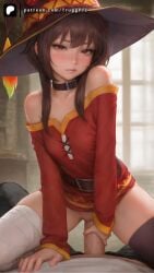 ai_generated before_sex big_penis blush bottomless brown_hair cowgirl_position cowgirl_position guided_penetration hat imminent_penetration imminent_sex kono_subarashii_sekai_ni_shukufuku_wo! looking_at_viewer megumin off_shoulder pov pussy small_breasts thighs truggprz