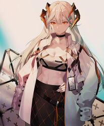 1girls arknights bangs belt breasts choker cleavage clothed clothing coat collarbone cowboy_shot crop_top dragon_girl dragon_horns earrings eyelashes female female_focus female_only hair_between_eyes hand_on_hip highres horns large_breasts long_hair midriff navel open_clothes orange_eyes pale-skinned_female pale_skin pencil_skirt pose posing puffy_sleeves salmon88 saria_(arknights) skirt spaghetti_strap sports_bra standing stomach toned toned_female white_hair