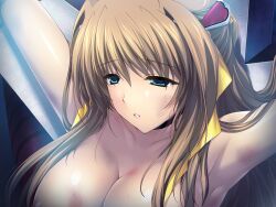 armpits arms_up black_choker blue_eyes breasts brown_hair bruise bruise_on_face choker choukou_(alicesoft) choukou_tenshi_escalayer cleavage collarbone crucifixion female game_cg hair_between_eyes hair_ornament hair_ribbon half-closed_eyes injury kouenji_sayuka large_breasts large_variant_set long_hair no_eyewear non-web_source nude official_art onigirikun out-of-frame_censoring parted_lips restrained ribbon shiny_skin solo upper_body variant_set very_long_hair yellow_ribbon