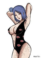 1girls akatsuki_(naruto) arm_behind_head arms_up big_breasts blue_hair breasts cleavage eyeliner eyeshadow facial_piercing female female_only flower hair_ornament konan lipstick makeup naruto naruto_(series) naruto_shippuden navel one-piece_swimsuit orange_eyes piercing posing raiha revealing_clothes simple_background swimsuit white_background