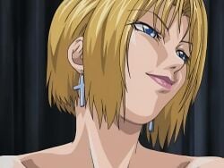 00s 1girls 2006 animated anime_screenshot bare_shoulders bible_black bible_black_black_sacrifice bible_black_night_of_the_walpulgiss blonde_hair blue_eyes collarbone cross cross_earrings earrings female grin jewelry kitami_reika lipstick makeup nurse school_nurse short_hair smile tagme witch