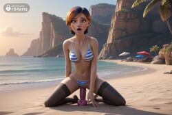 1girls ai_generated beach beach_umbrella bikini bikini_bottom_aside black_hair black_thighhighs breasts brown_eyes brown_hair cleavage clothing_aside collarbone day dildo dildo_in_pussy dildo_insertion dildo_riding disney_xd female female_masturbation full_body hi_res kneeling lace-trimmed_legwear lucasfilm makeup masturbation medium_breasts multicolored_hair navel object_insertion ocean open_mouth outdoors palm_tree pussy r34arts sabine_wren sand sex_toy short_hair solo spread_legs star_wars star_wars_rebels striped_bikini striped_clothes swept_bangs swimsuit thighhighs tongue tongue_out tree umbrella uncensored vaginal_insertion vaginal_masturbation vaginal_object_insertion vaginal_penetration water