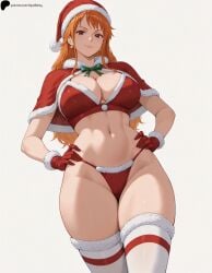 1girls ai_generated bangs bare_midriff bare_thighs breasts brown_eyes christmas christmas_hat christmas_outfit closed_mouth curvy earrings female female_only from_below ginger ginger_hair gloves hands_on_hips hi_res high_quality high_resolution highres large_breasts light lips long_hair looking_at_viewer midriff nami_(one_piece) navel nose one_piece opal_nemy orange_hair panties patreon_logo patreon_url patreon_username plain_background red_panties ribbon santa_hat self_upload shadow simple_background smile solo standing thick_thighs thighhighs thighs watermark white_background wide_hips