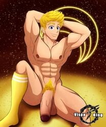 arms_behind_head jaune_arc looking_at_viewer male male_only pubic_hair rwby solo vispaking yellow_hair