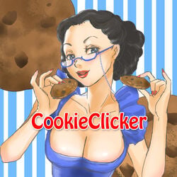 1:1 1girls 2013 bare_arms black_hair blue_background blue_dress breasts cleavage clothing cookie cookie_clicker copyright_name dress female female_only food gilf glasses grandma_(cookie_clicker) highres holding_food large_breasts lipstick makeup milf nail_polish open_mouth red_lipstick red_nails sagawa_yumeko semi-rimless_glasses solo striped striped_background teeth text tongue vertical_stripes white_background