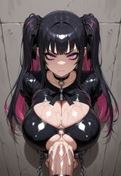 ai_generated angry annoyed black_hair blunt_bangs blush breast_press breast_squeeze bustybunz chains choker cleavage cleavage_cutout cock_ring collar cum cum_on_breasts cumshot giant_penis gigantic_breasts glossy goth goth_girl huge_breasts huge_cock large_breasts latex leather long_hair makeup mascara o-ring oiled oiled_breasts paizuri paizuri_lead_by_female paizuri_under_clothes pink_eyes pink_highlights pov semen shiny shiny_breasts shiny_clothes steam stuck_in_wall sweat thick_cum tight_clothing twintails underboob wet