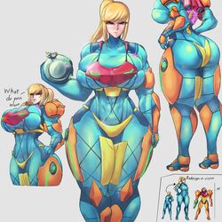 1girls abs absurdres adapted_costume alternate_breast_size angry annoyed ass ass_cleavage blonde_hair blue_eyes blush blushing breasts bursting_breasts butt_crack comparison dialogue embarrassed english_text erect_nipples female female_only female_protagonist grumpy height_difference highres huge_ass huge_breasts humiliated lapotato8 metroid mole mole_under_mouth muscular muscular_female nintendo ponytail redesign revealing_clothes samus_aran size_difference skin_tight skindentation solo tall_female tall_girl text thick_thighs thighs towering varia_suit voluptuous wide_hips zero_suit zero_suit_samus