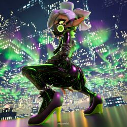 2024 3d 3d_(artwork) 3d_model 3d_render abstract_background absurd_res all_black alternate_costume arm_bracelets armband ass ass_focus bangs big_ass big_ears black_body black_suit city city_background city_lights cityscape cleavage ear_piercing earrings fully_clothed gamma_rays goes_hard green_background green_hair green_light green_outline grey_hair hand_under_leg high_heels inkling large_butt long_sleeves marie_(splatoon) marie_(wo262) mask masked_female medium_hair nexusmind nintendo octo_marie on_knees pointy_ears purple_light sleek_body sleek_features slim slim_waist solo solo_female solo_focus spiked_armband spiked_bracelet splatoon splatoon_(series) splatoon_2 splatoon_3 suit tentacle tentacle_hair thick_thighs thighhighs thighs tied_hair wo262_(3d_model_style)