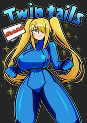 1girls big_breasts blonde_hair bodysuit breasts female female_only hair_over_one_eye human iriomote_umineko metroid nintendo nipple_bulge pale_skin samus_aran solo solo_female source_request speech_bubble tagme thighs tight_clothing twintails zero_suit zero_suit_samus