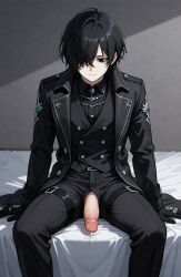 1boy ai_generated bed black_eyes black_hair caleb_seiji emo male male_only penis sad solo_male