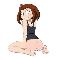 ass feet female looking_back my_hero_academia no_panties ochako_uraraka pussy soles thrumbo toes uncensored white_background