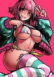 2021 bikini breasts color commission legwear lemudesu looking_away mai navel pink_eyes pink_hair pinup shiny_breasts shiny_skin short_hair simple_background smile solo solo_female solo_focus tagme thick_thighs tongue tongue_out v