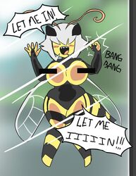 2021 against_glass anthro big_breasts blush breasts breasts_on_glass censor_bar censored hand_on_glass insect_girl kaibuzetta magumbo_hornet meme sharp_teeth speech_bubble tagme thick thighs_on_glass wasp wasp_girl white_hair