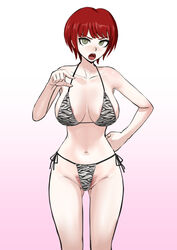 1girls akizora angry big_breasts bikini busty danganronpa danganronpa_2:_goodbye_despair female freckles hourglass_figure huge_breasts koizumi_mahiru large_breasts lecturing_viewer looking_at_viewer pubic_hair pubic_hair_peek red_hair red_pubic_hair solo solo_female straight_hair voluptuous voluptuous_female zebra_bikini