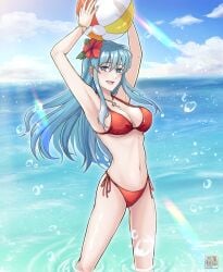 1girls :d absurd_res alluring aqua_hair arms_up ball beachball bikini blue_eyes cleavage eirika_(fire_emblem) eirika_(summer)_(fire_emblem) fire_emblem fire_emblem:_the_sacred_stones fire_emblem_heroes flower hair_between_eyes hair_flower hair_ornament high_res holding holding_ball holding_beachball intelligent_systems jewelry kousetu0506 long_hair looking_at_viewer medium_breasts navel necklace nintendo ocean official_alternate_costume open_mouth red_bikini sideboob sidelocks smile swimsuit under_boob wading