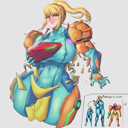 1girls abs absurdres adapted_costume alternate_breast_size angry blonde_hair blush blushing breasts bursting_breasts comparison curvy embarrassed embarrassment english_text erect_nipples female female_only giantess growth grumpy height_difference highres huge_ass huge_breasts huge_thighs humiliated lapotato8 metroid mini_giantess mole mole_under_mouth muscular muscular_female nintendo ponytail redesign revealing_clothes samus_aran size_difference skin_tight solo tall_female tall_girl thick_thighs thighs varia_suit voluptuous wide_hips zero_suit zero_suit_samus