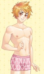 1boy blonde_hair blush blush_blush boxers exposed_nipples male male_focus male_only navel nimh_(blush_blush) nipples posing sad_panda_studios solo solo_male underwear_only yellow_eyes