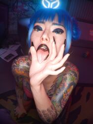 3d absurdres black_lips black_nails blue_eyes blue_hair checkpik cheri_nowlin cyberpunk_(series) cyberpunk_2077 fellatio_gesture female fingernails full-body_tattoo highres indoors long_fingernails looking_at_viewer open_mouth oral_invitation solo tattoo tattoos_everywhere tongue tongue_out yakuza_tattoo