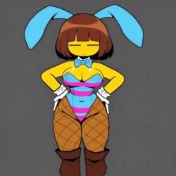 ai_generated animated bangs big_breasts blank_expression blue_bowtie blue_bunny_ears blue_bunnysuit blue_leotard bob_cut brown_boots brown_hair curvy female female_frisk fishnet_legwear fishnets frisk frisk_(undertale) hands_on_hips kneehigh_boots leotard nonbinary pixai shoulder_length_hair simple_background slim_waist striped_leotard swaying swaying_breasts swaying_hips thick_thighs undertale undertale_(series) white_collar white_gloves yellow_skin yodayo