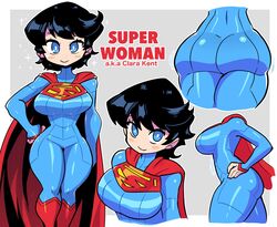 1girls ass ass_focus black_hair blue_eyes bodysuit cape character_sheet clara_kent clark_kent costume crap-man cute dc english_text female female_only highres kryptonian looking_at_viewer medium_hair red_cheeks rule_63 solo solo_female superheroine superman_(series) superwoman tight_clothing