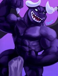 2020 abs anthro blue_eyes dragaux dragon flexing hi_res horn male muscular muscular_anthro muscular_male nintendo open_mouth open_smile pecs purple_background purple_body ring_fit_adventure simple_background smile solo spectral-bat teeth towel towel_only video_games wings