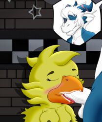 absurd_res anthro anthro_on_anthro anthro_penetrated anthro_penetrating anthro_penetrating_anthro avian beak bird blue_body blue_scales blush bodily_fluids breasts chica_(fnaf) chicken closed_eyes cum cum_in_mouth cum_inside digimon digimon_(species) digital_media_(artwork) dragon duo facial_markings fangs feathered_wings feathers female five_nights_at_freddy's fur galliform gallus_(genus) genital_fluids genitals hair head_markings hi_res horn magnamon male male/female markings oral oral_penetration orgasm orgasm_face penetration penile penile_penetration penis phasianid scale scales scalie scar sveemon tongue video_games whiskers white_body white_hair white_penis wings yellow_body yellow_feathers yellow_skin