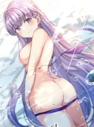 1girls absurdres ass back bikini bikini_bottom bikini_pull bikini_top_removed blue_bikini blush braid breasts commission embarrassed female female_only fire_emblem fire_emblem:_the_binding_blade highres large_breasts long_hair looking_at_viewer looking_back nintendo nipples purple_eyes purple_hair shiitake_taishi skeb_commission solo sophia_(fire_emblem) swimsuit undressing very_long_hair water