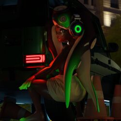 2023 3d 3d_(artwork) absurd_res absurdres background bent_over big_ass big_breasts big_butt big_ears black_body black_hair booty_shorts bright_light building car city city_background crop_top cropped_shirt dark-skinned_female dark_lighting dark_skin fish_eye_view green_clothing green_eyes green_hair green_pants green_shoes hand_on_car headgear headphones high high_rise highres highway ida jeans leaning leaning_forward legs legs_apart looking_at_viewer looking_back_at_viewer looking_down marina marina_(splatoon) marina_(wo262) marina_ida model multicolored_eyes nexusmind nintendo octoling pants pose posing posing_for_the_viewer quality render res shading shorts simple solo solo_female solo_focus splatoon splatoon_(series) splatoon_2 splatoon_3 tentacle tentacle_hair two-tone_hair wo262_(3d_model_style)