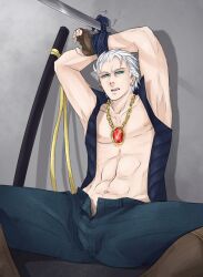 artist_request blue_eyes bondage devil_may_cry half-dressed human_artist male male_only no_ai no_visible_genitalia opened_shirt red_jewelry solo solo_focus solo_male source_request sword tied_hands tied_to_wall tongue_out vergil_(devil_may_cry) white_hair