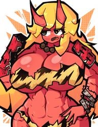 1girls abs big_breasts blonde_hair breasts ch3rrycupcakes cleavage curvy horns huge_breasts monster_girl muscular_female oni original red_skin source_request tagme thick tiger_print underboob voluptuous wide_hips yellow_eyes