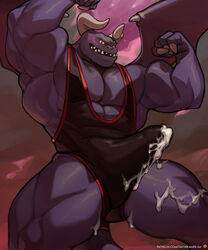 1boy abs anthro biceps blush bodily_fluids claws clothed clothing cum cum_drip cum_on_leg daydreamerjim dragaux dragon dripping drooling erection erection_under_clothes erection_under_clothing flexing genital_fluids horn looking_at_viewer male male_only muscular muscular_anthro muscular_male nintendo patreon pecs purple_body ring_fit_adventure saliva sharp_teeth solo teeth tenting text url video_games wings wrestling_singlet