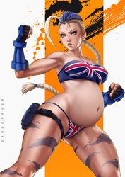 1girls action_pose belly big_belly bikini bikini_bottom bikini_top blonde_hair blue_eyes british_flag_bikini cammy_white capcom child_bearing_hips clothed clothing dandon_fuga female female_focus female_only gauntlets huge_belly large_belly pregnant scar solo solo_female solo_focus street_fighter tattoo_on_thigh tattoos thick_thighs toned toned_female union_jack union_jack_bikini