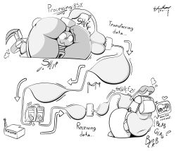 2025 absurd_res anal anal_vore anthro ass belly big_belly big_butt breath closed_eyes digital_drawing_(artwork) digital_media_(artwork) english_text female hand_on_belly heart_symbol hi_res long_ears looking_back machine monochrome moon_(sofmallow) narrowed_eyes navel robot same_size_vore signature simple_background sofmallow sound_effects spiral spiral_eyes stomach_bulge text thick_thighs vore white_background