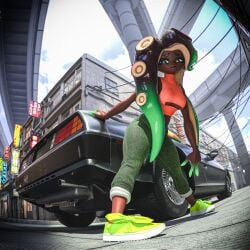 3d background bent_over big_ass big_breasts big_butt big_ears black_body black_hair bright_light building car city city_background crop_top cropped_shirt dark-skinned_female dark_skin fish_eye_view green_clothing green_eyes green_hair green_pants green_shoes hand_on_car hand_on_vehicle hi high high_rise highres highway ida jeans leaning leaning_forward legs legs_apart looking_at_viewer looking_back_at_viewer looking_down marina marina_(splatoon) model multicolored_eyes nexusmind nintendo octoling pants pose posing posing_for_the_viewer quality render res shading simple solo solo_female solo_focus splatoon tentacle tentacle_hair two-tone_hair vehicle wo262