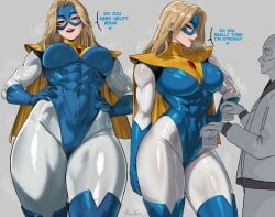 1boy absurdres amulet artist_name blonde_blazer blonde_hair blue_boots blue_eyes blue_gloves blue_leotard blue_mask bodysuit boots breasts cape commentary covered_abs covered_navel curtained_hair dispatch dispatch_(game) domino_mask english_commentary english_text eye_mask female gem gloves grey_background hand_on_own_hip hands_on_own_hips heart highleg highleg_leotard highres kalennoir large_breasts leotard long_hair looking_at_another looking_at_viewer mandy_(dispatch) mask multiple_views muscular muscular_female parted_bangs red_gemstone robert_robertson simple_background smile superhero_costume text thick_thighs thigh_boots thighs white_bodysuit yellow_cape