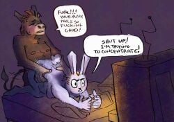 anthro asinus belly belly_squish controller demanding desperation doggirlofparadise doggy_style dominant donkey duo equid equine female from_behind_position furry game_controller gaming ignoring_another intersex lagomorph male male/female mammal overweight playing_video_game service_top sex squish