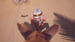 3d abs animated armlet bangs big_penis bikini blue_bikini bob_cut campfire deepthroat desert diadem fellatio femsub fire headband looking_up male_pov multi-strapped_bikini on_knees oral palm_tree pecs pov sand shadow sound submissive_female sunlight tan_skin tanya_(wildlife) video white_hair wildlife_(video_game)