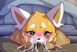 1boy 1girls aggressive_retsuko aggretsuko ai_generated all_the_way_to_the_base anthro anthro_on_anthro anthro_penetrated anthro_penetrating anthro_penetrating_anthro balls balls_deep balls_deep_fellatio bed bedroom big_breasts big_penis bjfan01 blowjob blowjob_face blush breasts brown_body brown_fur canon_couple cheek_bulge cum cum_facial cum_in_mouth cum_inside cum_on_breasts cum_on_face deep_blowjob deep_penetration deepthroat excessive_cum fellatio female haida haida_(aggretsuko) heart-shaped_pupils hyena irrumatio kneeling kneeling_oral_position kneeling_position looking_at_viewer male male/female male_pov mf naked naked_female naked_male novelai nude nude_female nude_male oral oral_penetration oral_sex orange_body orange_fur penis pov pov_blowjob pov_eye_contact red_panda retsuko self_upload wink winking_at_viewer