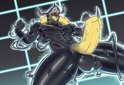 anthro armor balls bandai_namco black_body blackwargreymon crazmax digimon digimon_(species) digital_media_(artwork) erection genitals glowing glowing_genitalia glowing_penis goo_creature hair headgear helmet hi_res humanoid_genitalia latex liquid_latex living_latex male male_only muscular muscular_male nude pecs penis roaring scalie solo teeth tentacle tongue wargreymon