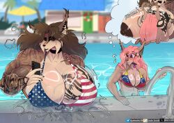 absurd_res american_flag_bikini anthro biceps big_breasts big_dom_small_sub bikini breast_size_difference breast_squish breasts brown_body brown_fur brown_hair chest_tattoo clothing dark_nipples dominant dream excited_face felid feline female female/female flag_bikini fur hair hi_res huge_breasts hyper hyper_breasts larger_female looking_at_breasts looking_at_viewer lynx mammal muscular muscular_female pink_hair pool purple_eyes size_difference squish strong_female strong_hands swimwear tan_body tan_fur tattoo two-piece_swimsuit venezuelan_flag venezuelan_flag_bikini wet