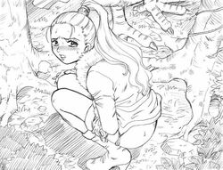 blush female female_only irie_yamazaki looking_back nefertari_vivi one_piece outdoors pants_down scat squatting sweating